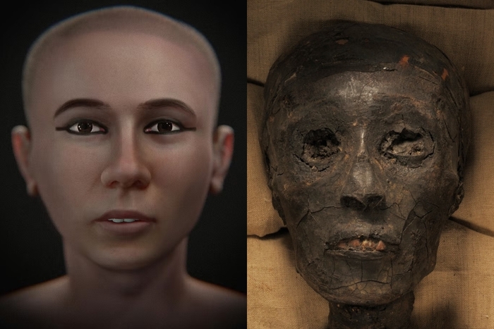 투탕카멘 두개골(왼쪽)과 데이터를 토대로 복원한 생전 모습. 사진= DAMNFX/시세로 모라에스 연구원/IJAE