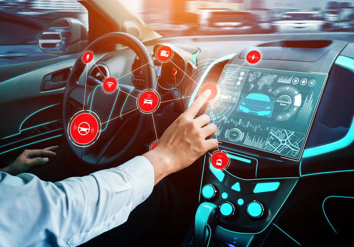 Driverless car interior with futuristic dashboard for autonomous control system . Inside view of cockpit HUD technology using AI artificial intelligence sensor to drive car without people driver .