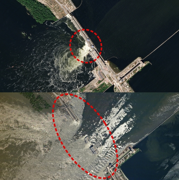 우크라이나 남부 헤르손주 ‘카호우카’ 댐 폭파 전후 위성사진 비교. 불과 이틀 전만 해도 수문을 통해 정상적으로 쏟아지던 물이 폭발로 댐이 무너지면서 폭발적으로 불어났다. 사진=플래닛랩스