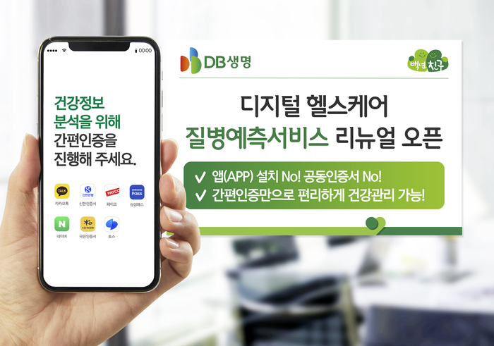 DB생명은 간편인증만으로 고객이 건강관리를 편리하게 할 수 있도록 디지털 헬스케어 ‘질병예측서비스’를 리뉴얼 오픈했다고 12일 밝혔다.