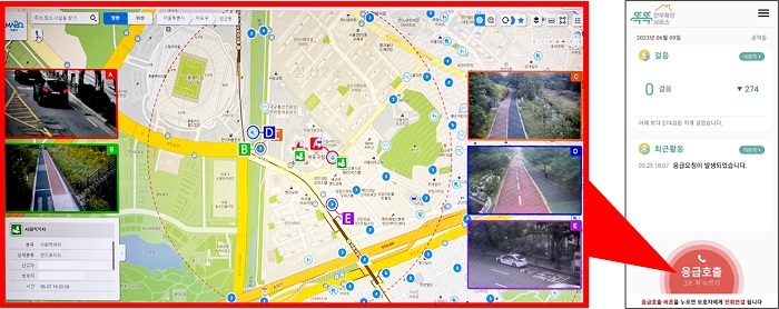 대상자 응급호출 시, 현재 위치에서 가까운 주변 5개 CCTV를 통해 대상자의 상태 확인이 가능하다. 사진=루키스/마포구