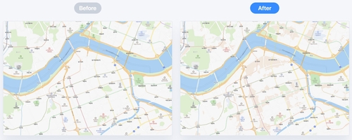 네이버 지도에 관심지역 업데이트가 이뤄지기 전(왼쪽)과 후 비교. [자료:네이버]