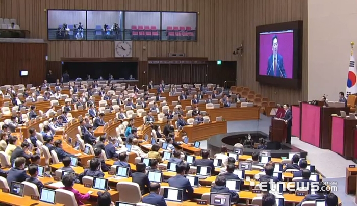 김기현 대표가 20일 오전 국회 본회의에서 교섭단체 대표연설을 하고 있다.