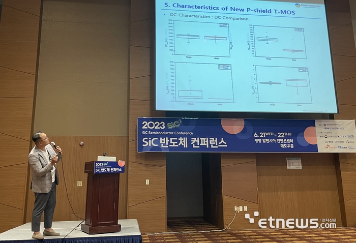 경신수 파워큐브세미 연구소장이 22일 평창 알펜시아에서 열린 한국전기전자재료학회 하계 학술대회 반도체 콘퍼런스에서 트렌치 게이트 MOSFET(모스펫) 특성에 대해 소개하고 있다.