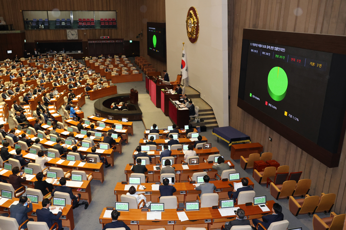 (서울=연합뉴스) 한상균 기자 = 30일 국회 본회의에서 가상자산 이용자 보호 등에 관한 법률안'을 처리하고 있다. 2023.6.30 xyz@yna.co.kr