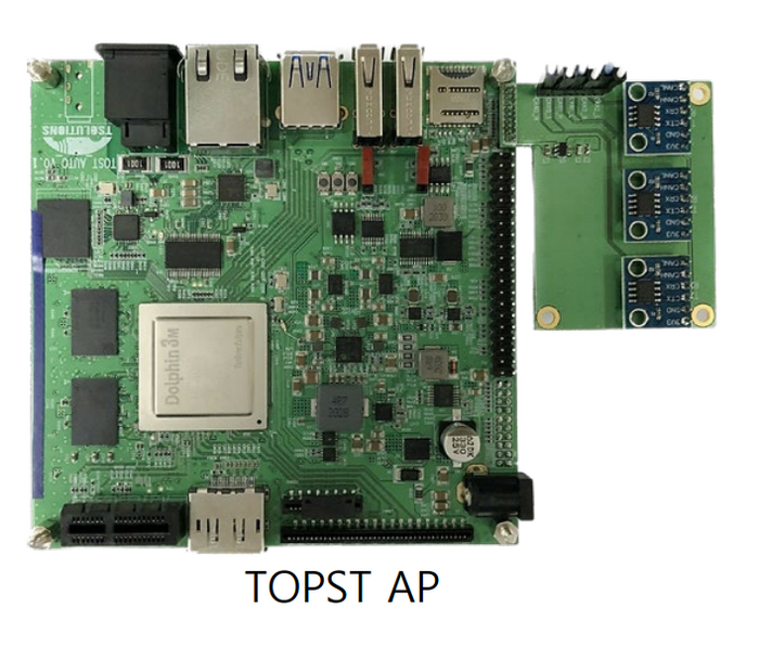 텔레칩스 TOPST 단일보드컴퓨터. 텔레칩스가 자체 개발한 차량용 AP '돌핀3'을 탑재했다.