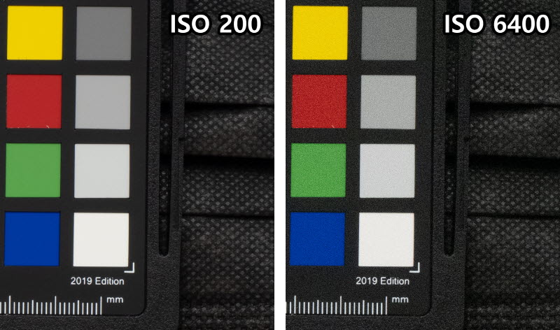 동일한 장면을 서로 다른 감도로 촬영한 모습. 감도가 낮을 때(왼쪽)보다 높을 때(오른쪽) 노이즈가 심하게 발생한다.