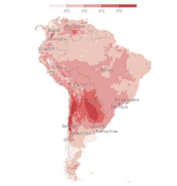 3일(현지시간) 남미 국가 기온이 1979~2000년의 8월 3일 평균 기온보다 얼마나 높은지를 비교한 자료. 사진=뉴욕타임스(NYT) 캡처