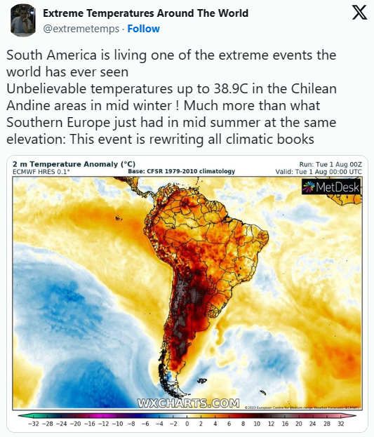 블로그 'Extreme Temperatures Around The World'에 따르면 해발 1,000m 이상의 수십 개 기상 관측소에서 35C 이상의 겨울 기온을 기록했다. 사진=트위터 Extreme Temperatures Around The World