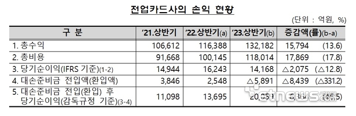 전업카드사 손익 현황 (표=금융감독원)