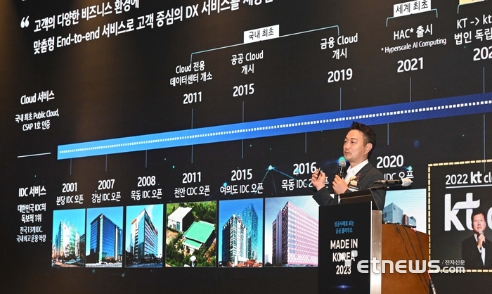 성공 사례로 보는 공공 클라우드 '메이드 인 코리아 2023' 콘퍼런스가 30일 서울 양재동 엘타워에서 열렸다. 김주성 KT클라우드 상무가 'IT 연결고리 KT클라우드'를 주제로 발표하고 있다. [사진= 김동욱기자 gphoto@etnews.com]