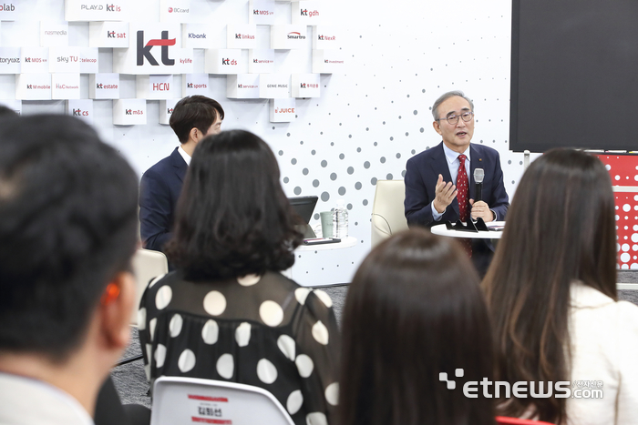 김영섭 대표가 KT 분당사옥에서 진행된 취임식에서 직원들의 질문에 답변하고 있다.