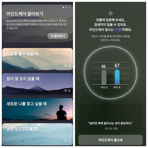 브리즈 마인드케어 종류와 기자의 마인드케어 결과. 뇌파에 따라 마인드케어 집중도를 분석해 점수를 매긴다. (출처: 브리즈 앱 캡쳐)