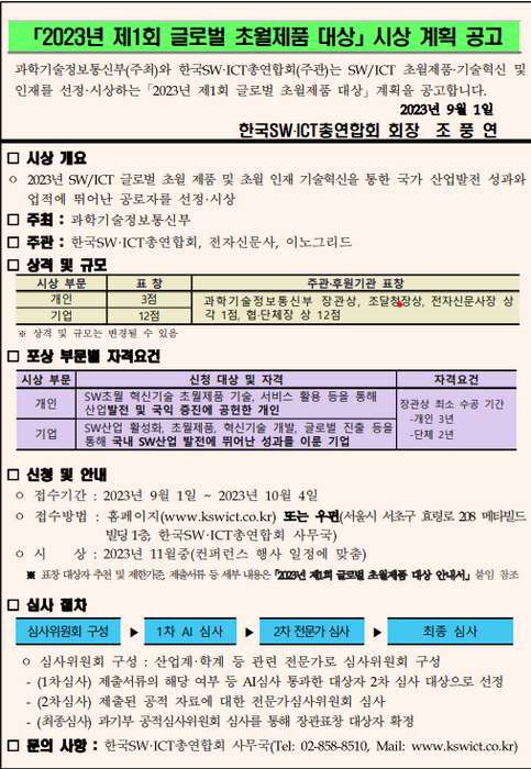 제1회 글로벌 초월제품 시상 계획 공고.