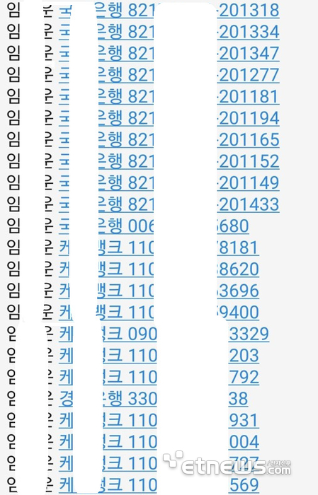 콘서트 티켓거래 사기 피해자들이 취합한 용의자 계좌. 동일인 명의의 계좌가 각 은행별로 수십개씩 생성돼 있다.