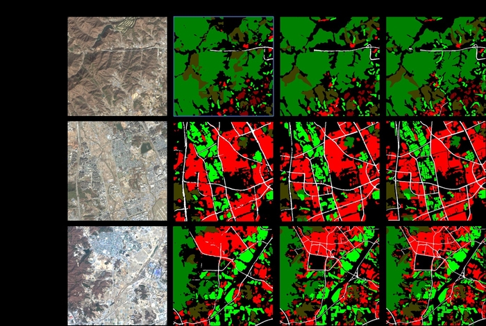 토지피복 분류 모델 적용 결과. 왼쪽부터 각각 입력 이미지, 기존 모델 적용 결과, 좌표 해시 인코더 활용 모델 적용 결과, 정답 레이블 사진=텔레픽스
