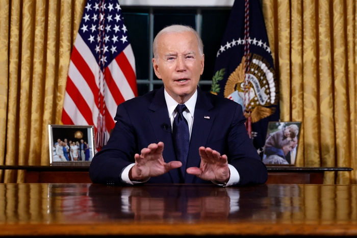 19일(현지시간) 조 바이든 미국 대통령이 워싱턴 DC 백악관 집무실에서 이스라엘과 우크라이나 전쟁 관련 대국민 연설을 하고 있다. 사진=AFP 연합뉴스