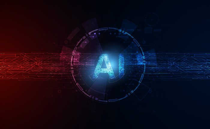 Abstract ai artificial intelligence modern digital concept circuit board and circles on red and blue background futuristic beautiful high tech