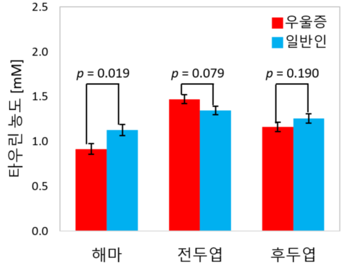 해마, 전두엽 및 후두엽에서의 타우린 농도 비교표. 사진=한국기초과학지원연구원