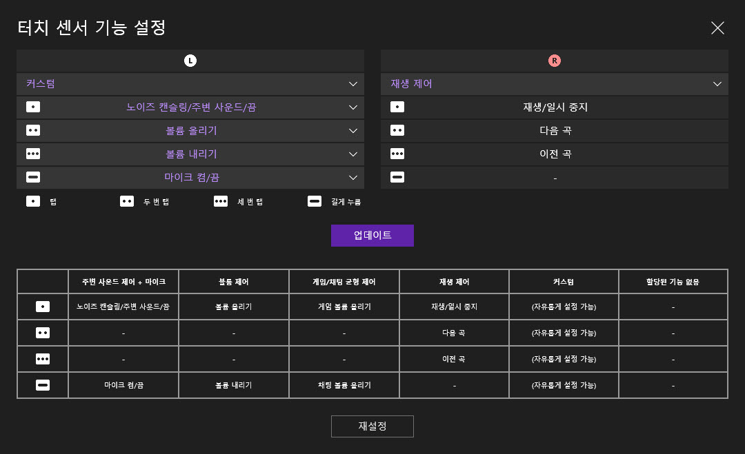 좌우 터치 센서에 커스텀 기능을 할당하는 모습