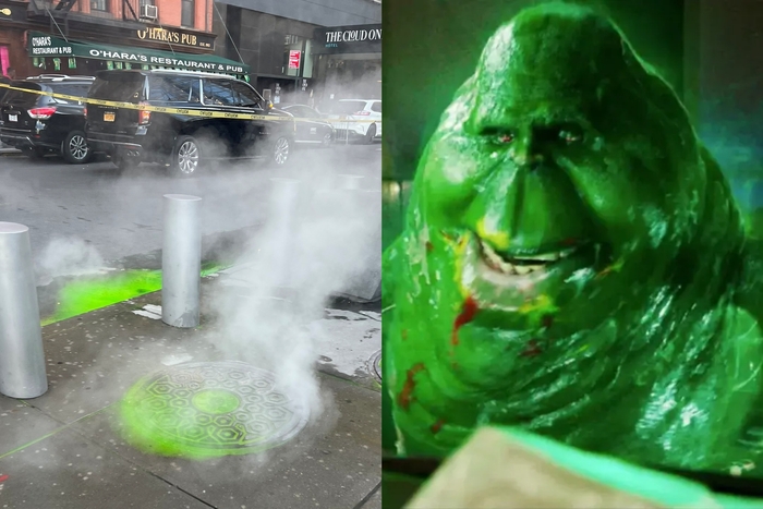 지난 3일 미국 뉴욕시 맨해튼에서 목격된 초록빛 액체와 영화 '고스트 버스터즈' 속 초록색 괴물 유령 '슬라이머'. 사진=엑스 갈무리/유니버설픽쳐스인터내셔널코리아