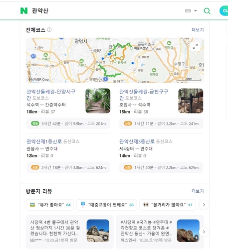 네이버에 관악산을 검색하면 상세 등산 코스 정보를 알려준다. [자료:네이버 캡처]