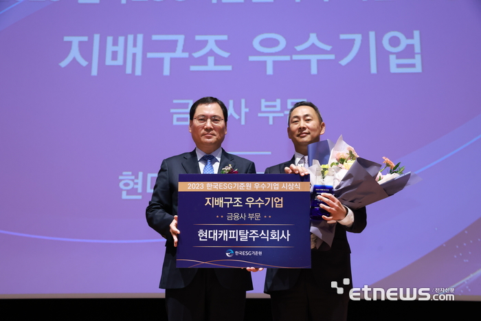 목진원 현대캐피탈 대표이사(오른쪽)와 윤창호 한국증권금융 사장이 한국ESG기준원 주최 '2023년 우수기업 시상식'에서 기념 촬영했다.