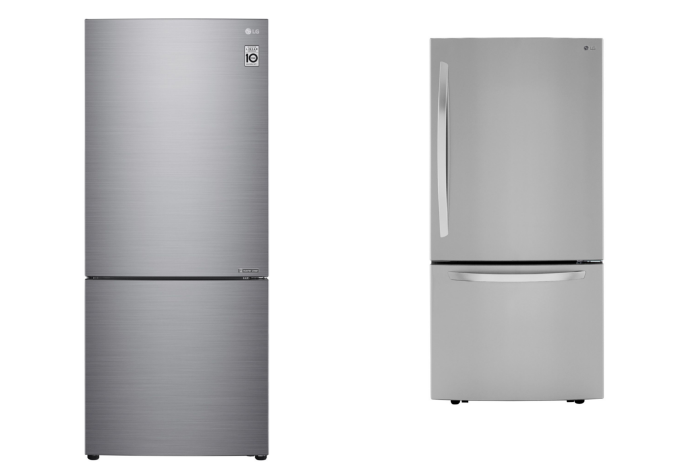 LG전자의 바텀프리저(상냉장 하냉동) 냉장고 30인치형(왼쪽)과 33인치형.