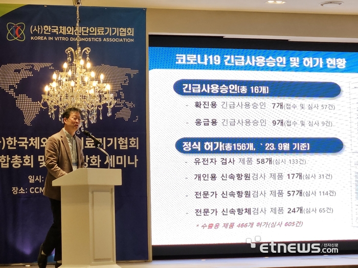 통합 한국체외진단의료기기협회 출범식이 30일 서울 여의도 CCMM 빌딩에서 열렸다. 식약처 정호상 체외진단기기과장이 발표하고 있다. (사진=배옥진 기자)