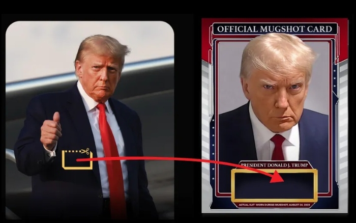 도널드 트럼프 전 미국 대통령이 자신의 머그샷이 담긴 트레이딩 카드를 구매하면 양복 조각을 주겠다고 홍보하고 있다. 사진=콜렉트 트럼프 카드