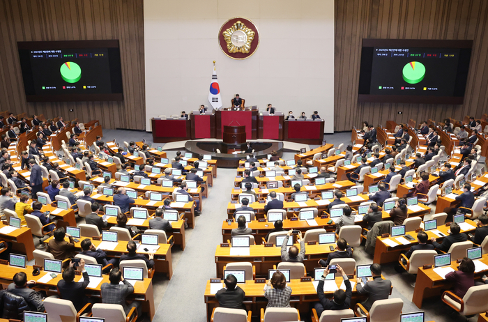 21일 국회에서 열린 본회의에서 2024년도 예산안이 통과되고 있다. 연합뉴스