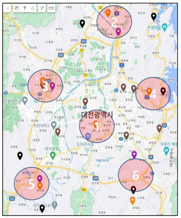 대전시 교통약자 이동지원 차량의 최적 차고지를 인공지능(AI)로 분석한 결과(사진=행정안전부)