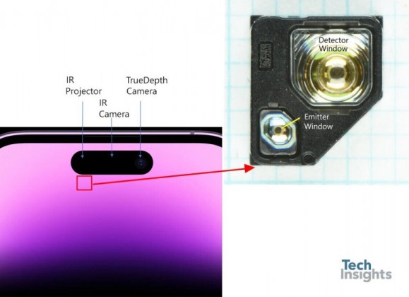  아이폰 다이나믹 아일랜드 부위에 탑재된 부품 / 출처: Techinsights