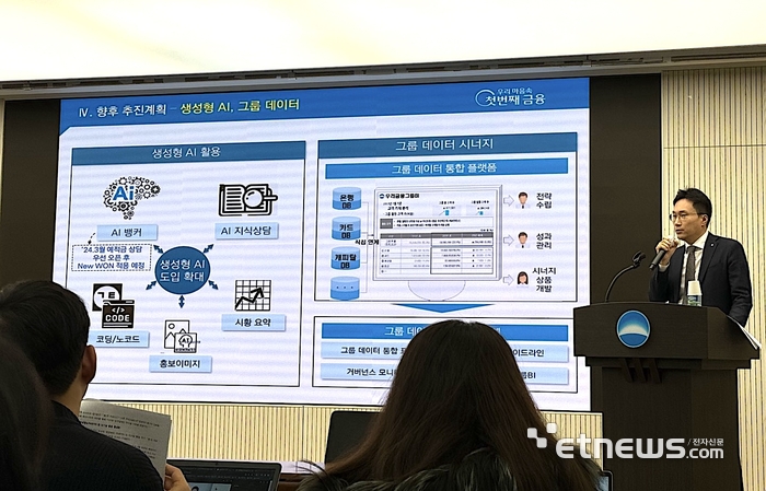 옥일진 우리금융지주 디지털혁신부문 부사장이 11일 서울 중구 우리금융 본사에서 '신 IT 거버넌스'를 발표하고 있다.