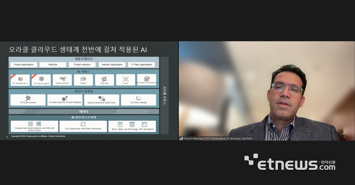 비노드 맘타니(Vinod Mamtani) 오라클 부사장이 화상회의로 OCI AI에 대해서 설명하고 있다