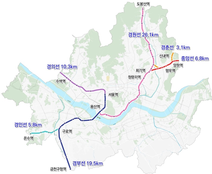 서울시 내 국가철도 지상구간 현황 (총 71.6km)