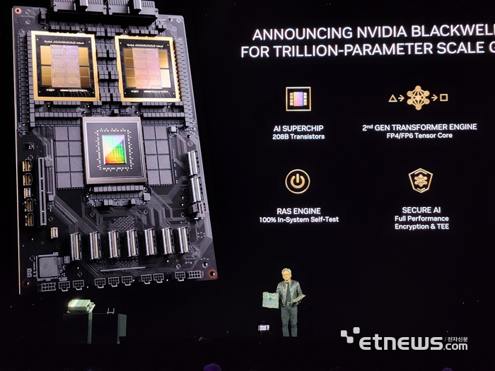 엔비디아 블랙웰 플랫폼. 상단 GPU 2개와 중앙 CPU 1개로 구성돼 있다. (사진=박정은 기자)