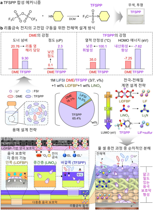 TFSPP 합성 메커니즘 및 용매, 리튬금속전지의 고전압 구동을 위한 전해액 설계 방식 제안.