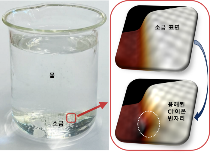 소금 용해(왼쪽)와 원자 세계에서 일어나는 단일 이온 용해 이미지