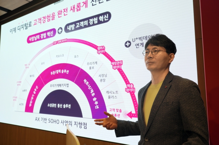 박성율 LG유플러스 기업사업그룹장(전무)이 1일 서울 용산사옥에서 소상공인 대상 AX솔루션과 사업 계획을 소개하고 있다.