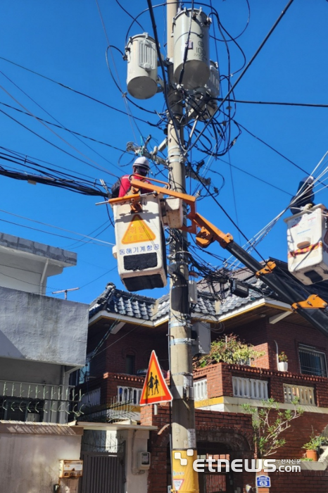 통신사 관계자가 전신주 케이블을 정비하고 있다.