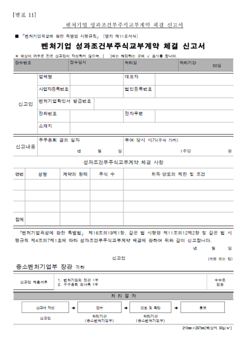 벤처기업 성과조건부주식 교부 계약 체결 신고서(자료=중소벤처기업부)