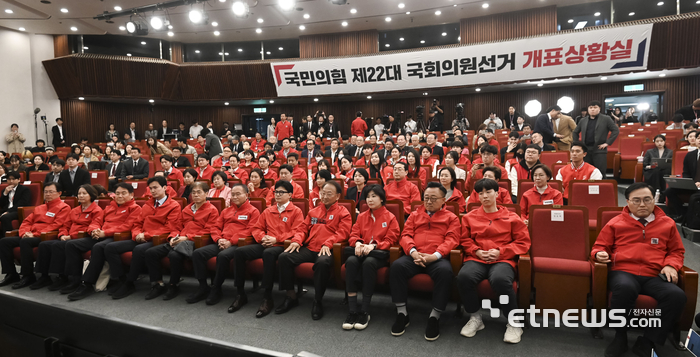 출구조사 결과 지켜보는 국민의힘 지도부