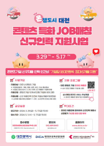 대전정보문화산업진흥원, 콘텐츠 특화 JOB 매칭 신규인력 지원사업 참가 기업 모집