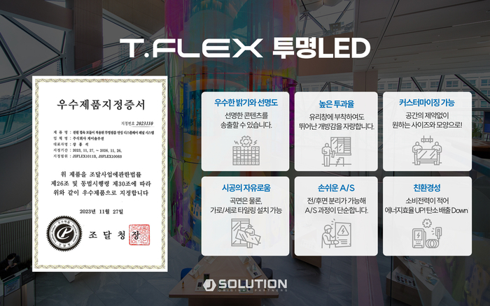 'T.FLEX'투명LED 필름 우수제품 지정증서 및 특징(제공:제이솔루션)