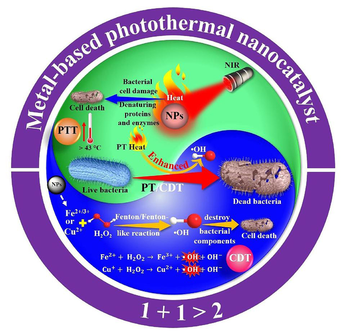 다기능성 금속 나노물질 기반 광열/화학역학적 항균 메커니즘 관련 이미지