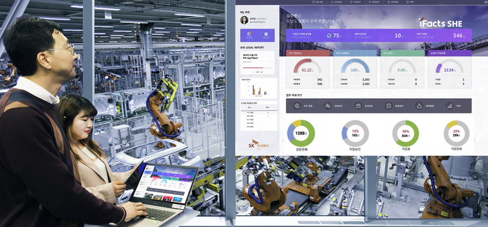 SK C&C 직원들이 제조 특화 인공지능(AI) SHE(안전·보건·환경) 플랫폼 '아이팩츠 SHE(iFacts SHE)'를 구현한 화면을 모니터링하고 있다. SK C&C 제공