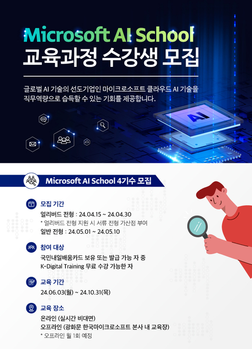 한국 마이크로소프트는 AI 전문 인력 양성을 위해 24년도 'Microsoft AI School' 교육 과정을 개설한다. 사진=마이크로소프트