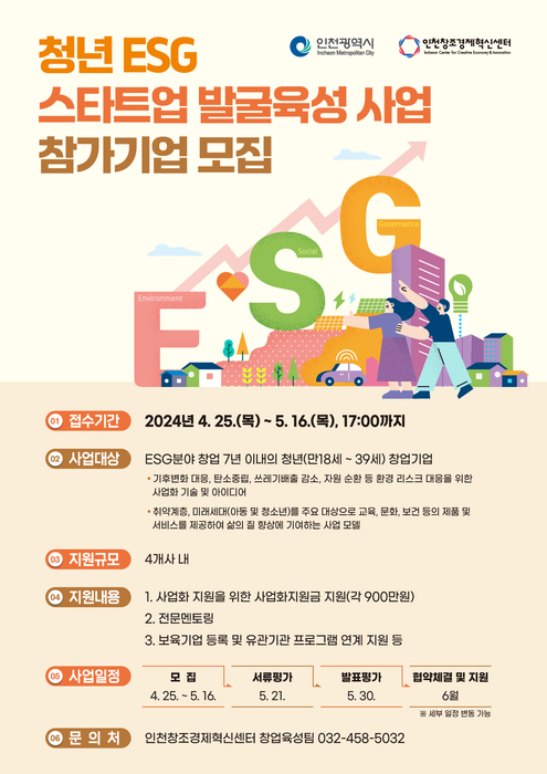 인천창경센터, 청년 ESG 스타트업 발굴육성 사업 참가기업 모집 포스터.