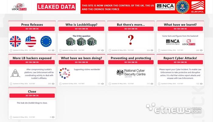 국제 수사기관 연합이 다시 연 록빗의 다크웨 사이트 캡처. 상단에 '이 사이트는 영국, 미국, 크로노스 태스크포스(TF) 통제 하에 있다'는 문구와 함께, 'LockBitSupps은 누구인가' 등 록빗 관련 폭로를 예고하는 게시물이 보인다.